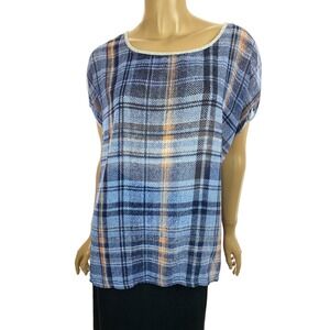 Two by Vince Camuto Sz L Top Blouse Blue Plaid Cap Sleeve Asymmetric Hem Cotton